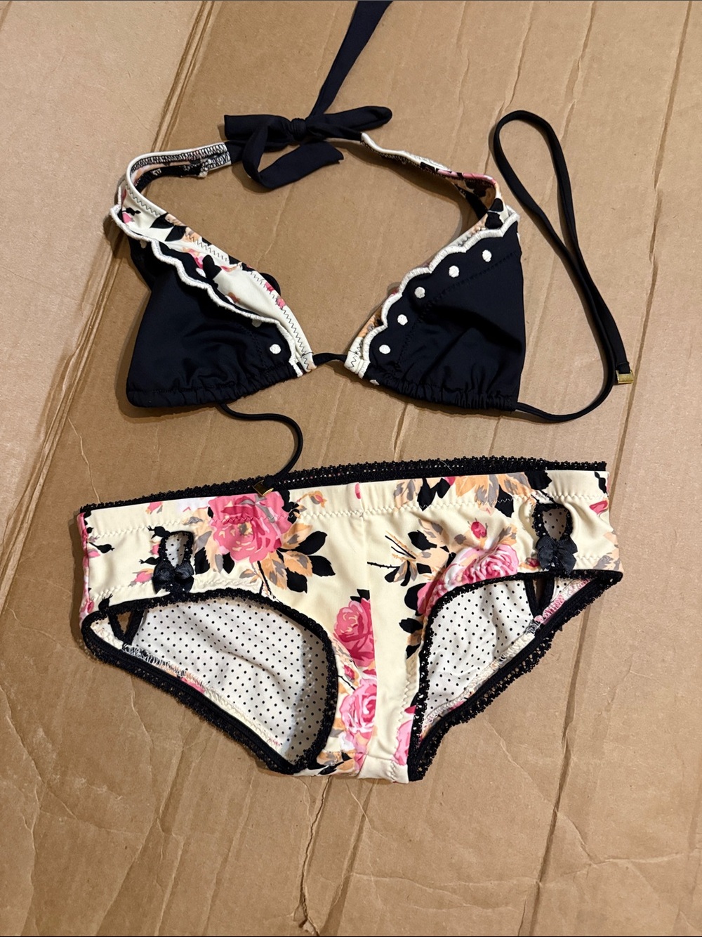 Betsey Johnson Black and Cream Floral Bikini Top